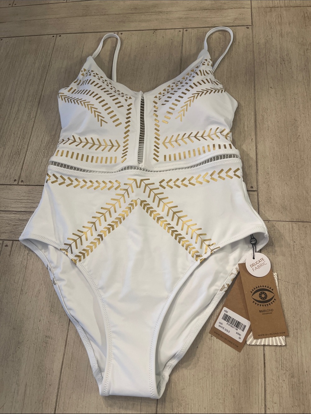 Biliblond White One-Piece Swimsuit with Gold Metallic Trim